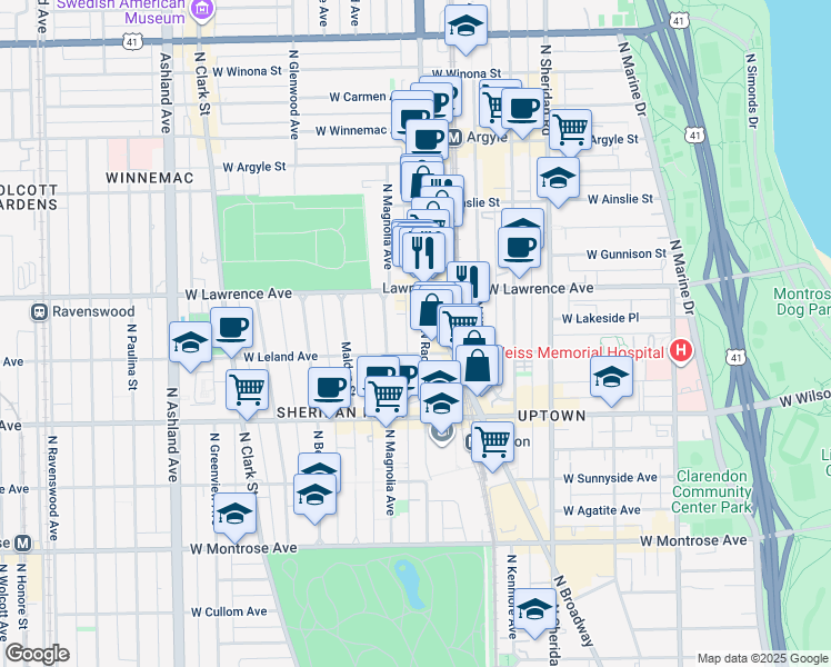 map of restaurants, bars, coffee shops, grocery stores, and more near 4800 North Broadway in Chicago
