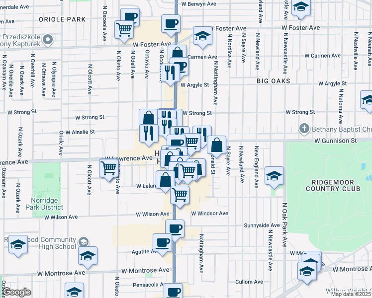 map of restaurants, bars, coffee shops, grocery stores, and more near 7171 West Gunnison Street in Harwood Heights