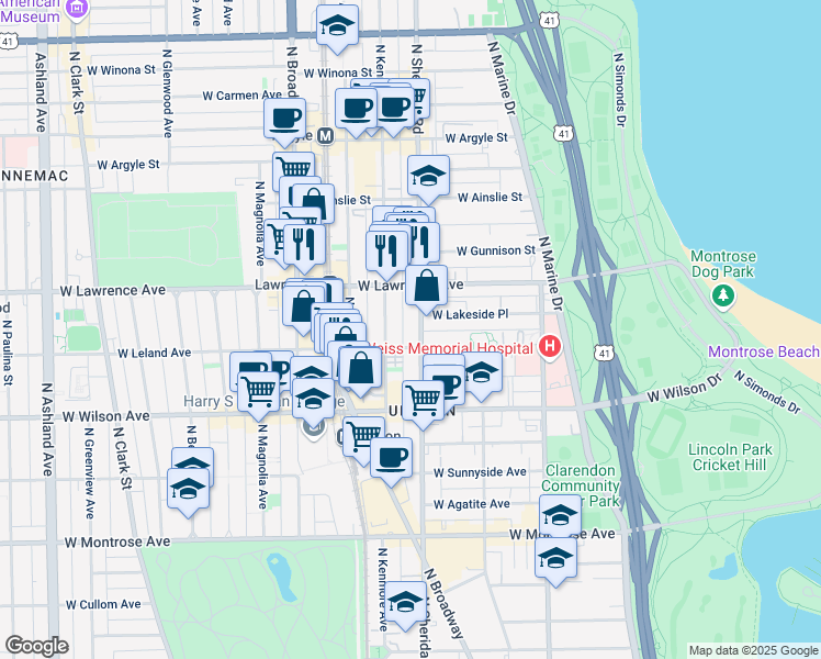 map of restaurants, bars, coffee shops, grocery stores, and more near 4714 North Sheridan Road in Chicago