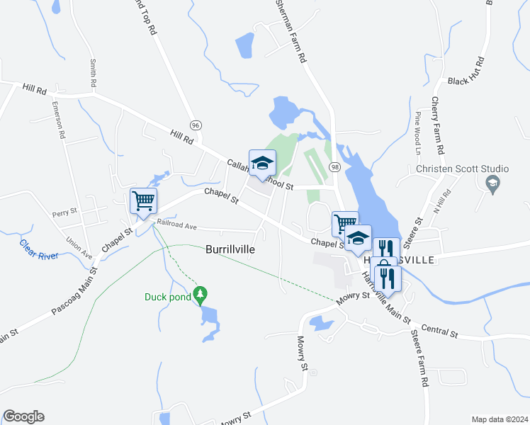 map of restaurants, bars, coffee shops, grocery stores, and more near 330 Chapel Street in Burrillville