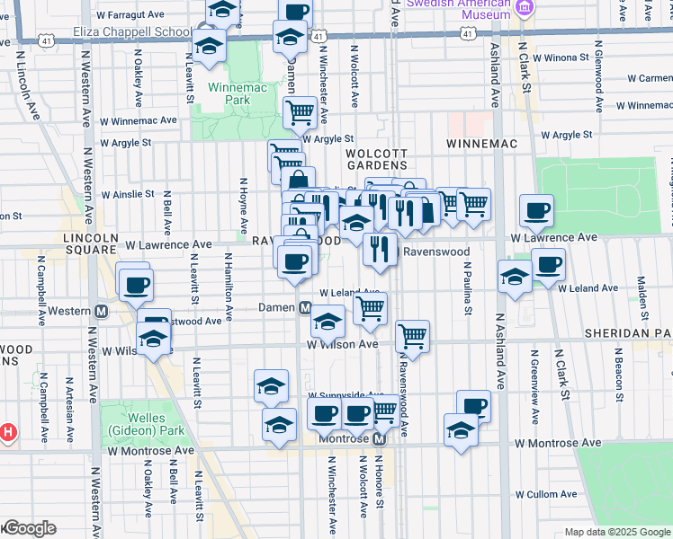 map of restaurants, bars, coffee shops, grocery stores, and more near 4728 North Wolcott Avenue in Chicago