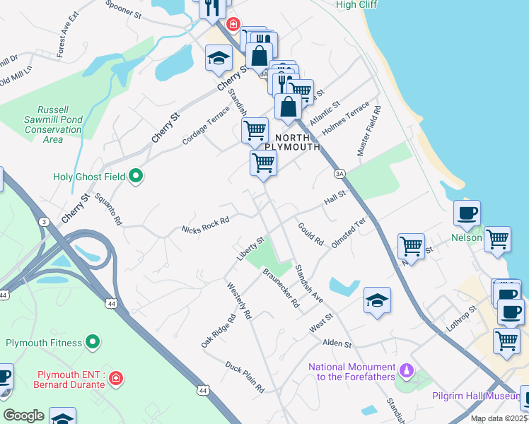 map of restaurants, bars, coffee shops, grocery stores, and more near 140 Standish Avenue in Plymouth