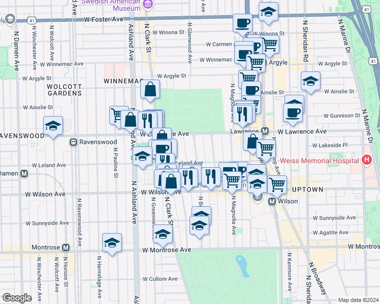 map of restaurants, bars, coffee shops, grocery stores, and more near 4748 North Beacon Street in Chicago