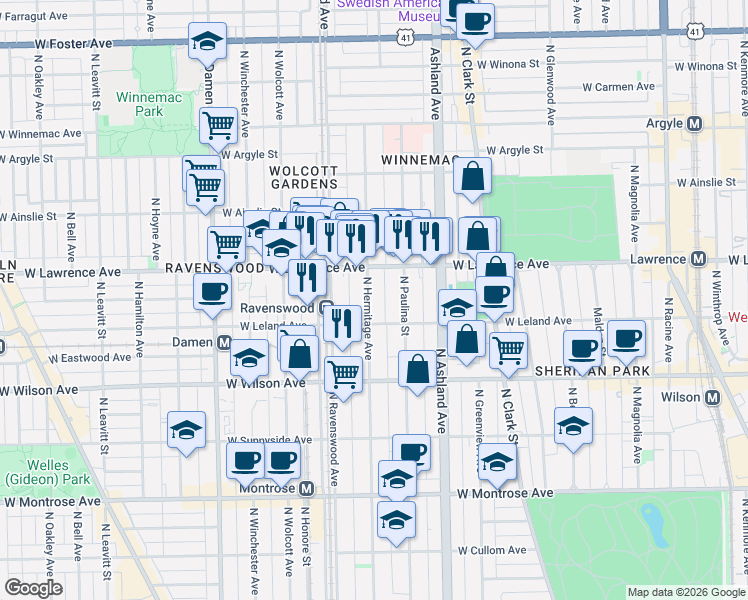 map of restaurants, bars, coffee shops, grocery stores, and more near 4745 North Hermitage Avenue in Chicago