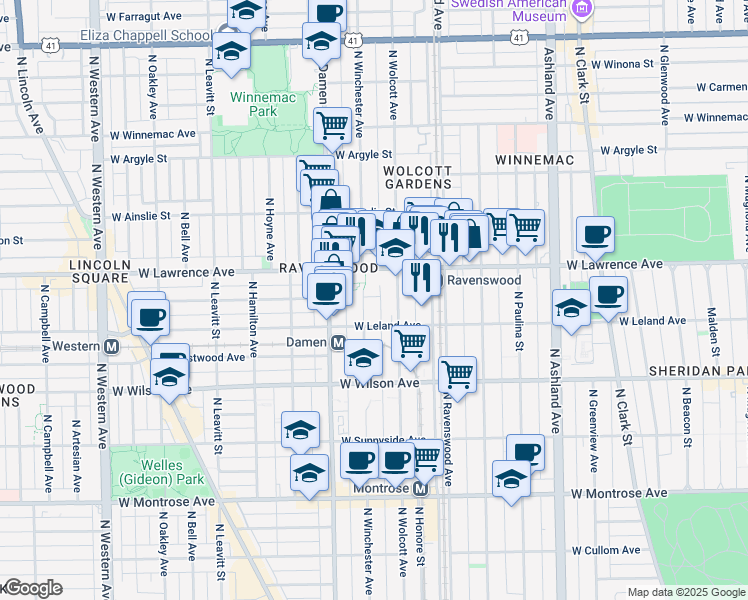 map of restaurants, bars, coffee shops, grocery stores, and more near 4728 North Wolcott Avenue in Chicago