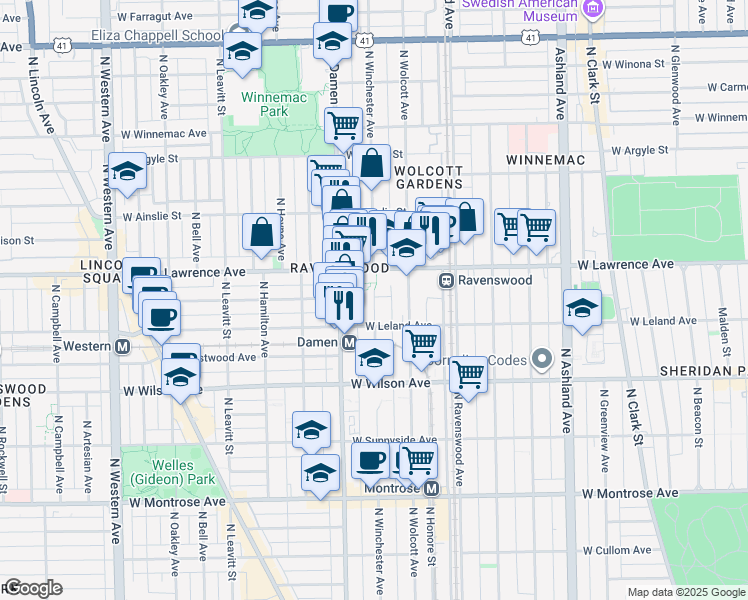 map of restaurants, bars, coffee shops, grocery stores, and more near 1945 West Lawrence Avenue in Chicago