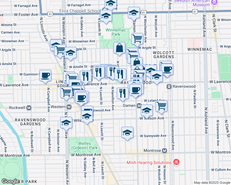 map of restaurants, bars, coffee shops, grocery stores, and more near 2125 West Lawrence Avenue in Chicago