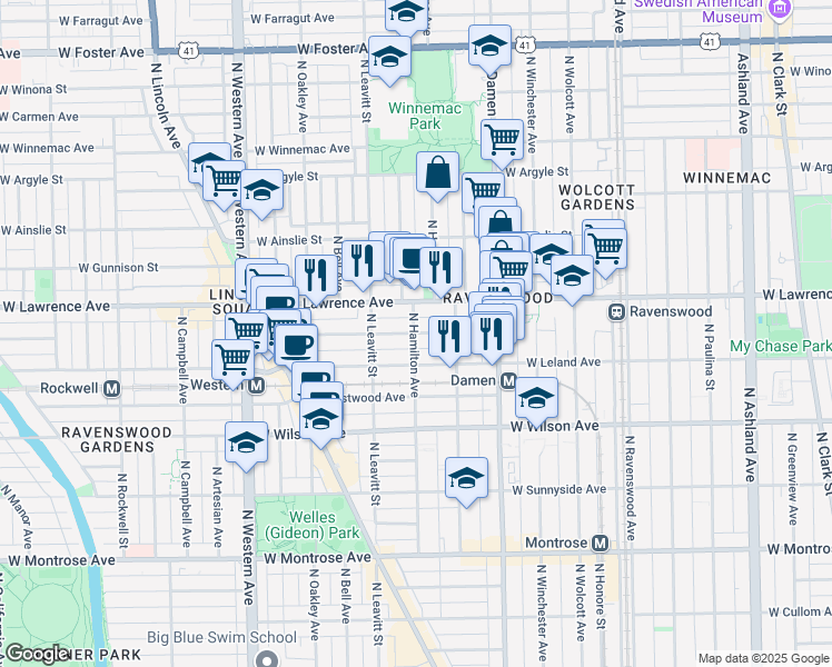 map of restaurants, bars, coffee shops, grocery stores, and more near 2125 West Lawrence Avenue in Chicago