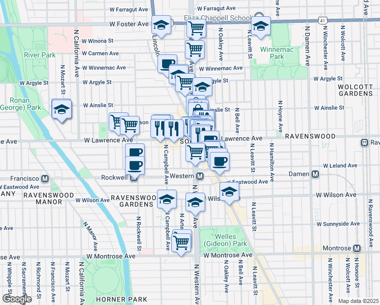 map of restaurants, bars, coffee shops, grocery stores, and more near 2425 West Lawrence Avenue in Chicago