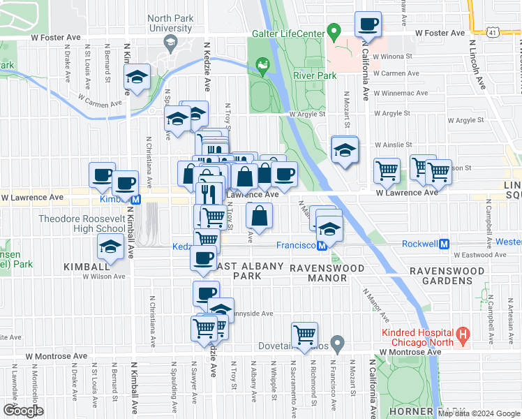 map of restaurants, bars, coffee shops, grocery stores, and more near 3035 West Lawrence Avenue in Chicago