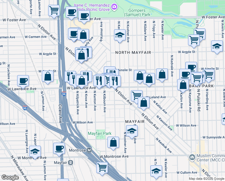 map of restaurants, bars, coffee shops, grocery stores, and more near 4478 West Lawrence Avenue in Chicago