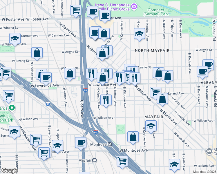 map of restaurants, bars, coffee shops, grocery stores, and more near 4810 North Kentucky Avenue in Chicago