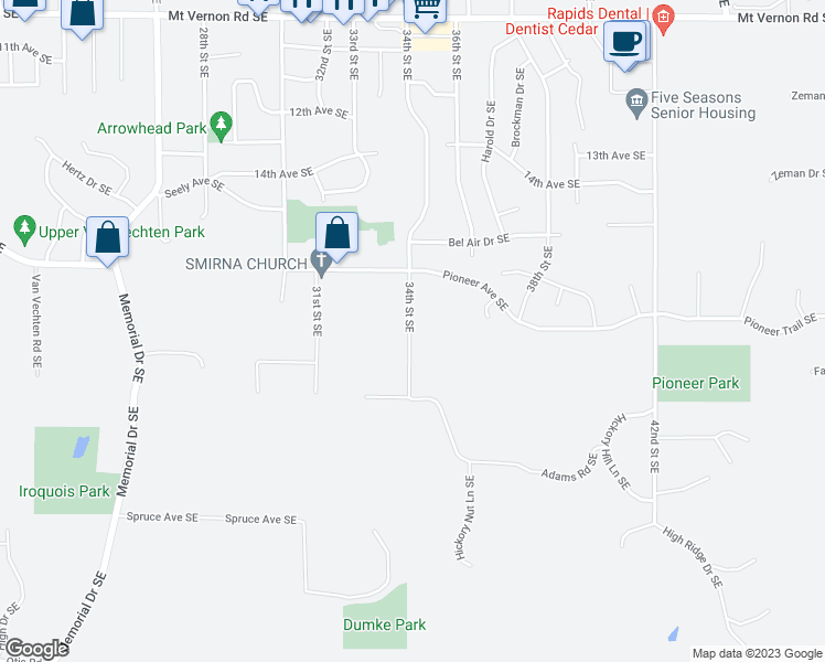map of restaurants, bars, coffee shops, grocery stores, and more near 1641 34th Street Southeast in Cedar Rapids