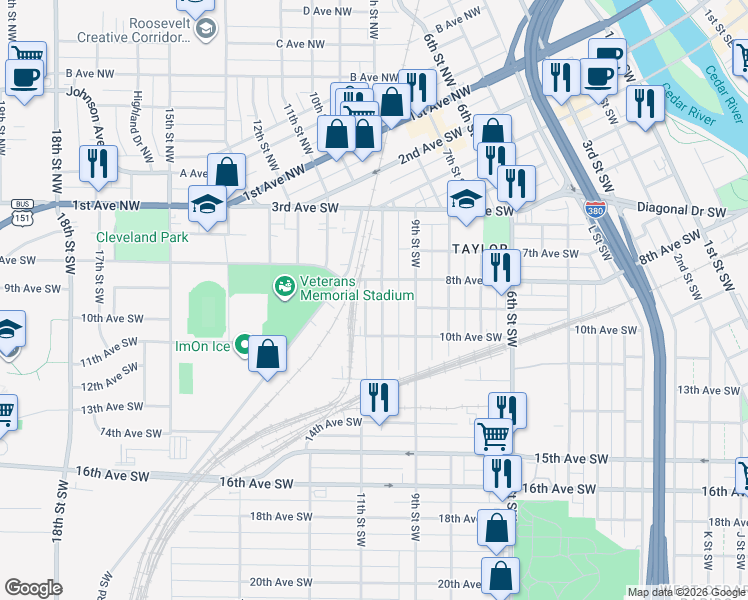 map of restaurants, bars, coffee shops, grocery stores, and more near 1000-1016 8th Ave SW in Cedar Rapids