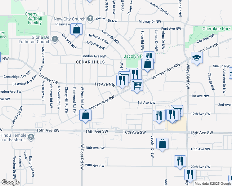 map of restaurants, bars, coffee shops, grocery stores, and more near 5012 1st Avenue Southwest in Cedar Rapids