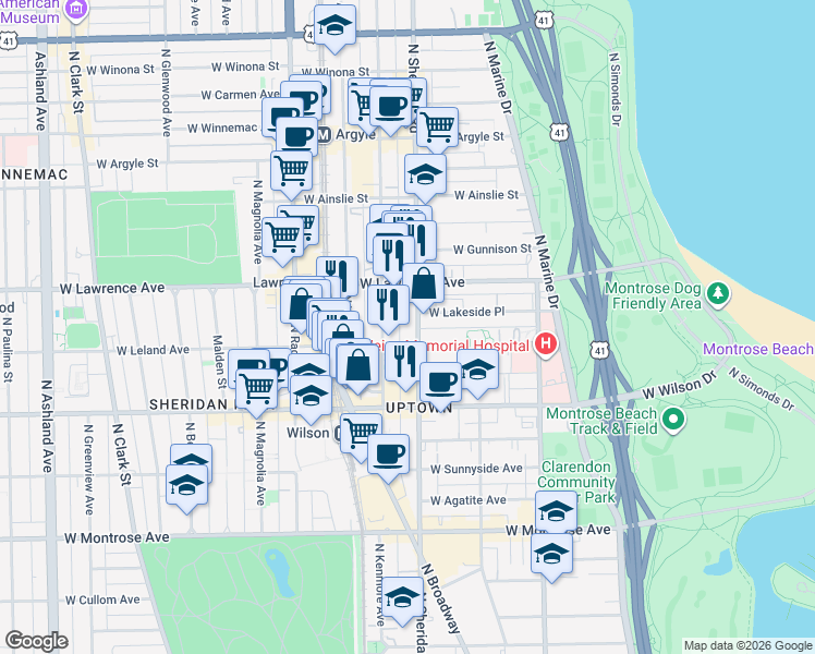 map of restaurants, bars, coffee shops, grocery stores, and more near 4714 North Sheridan Road in Chicago