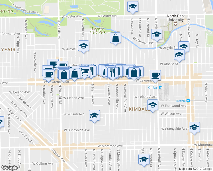 map of restaurants, bars, coffee shops, grocery stores, and more near 4742 North Lawndale Avenue in Chicago