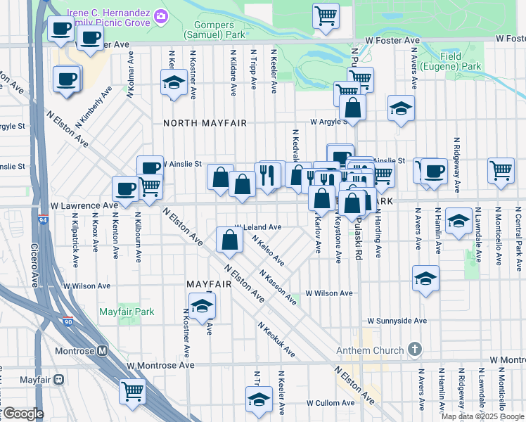 map of restaurants, bars, coffee shops, grocery stores, and more near 4212 West Lawrence Avenue in Chicago
