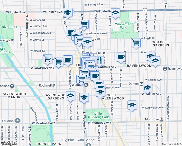 map of restaurants, bars, coffee shops, grocery stores, and more near 2326 West Giddings Street in Chicago