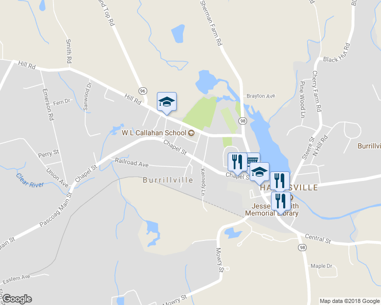 map of restaurants, bars, coffee shops, grocery stores, and more near 322 Chapel Street in Burrillville