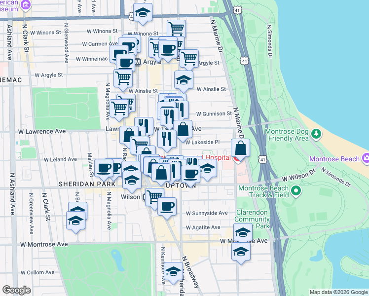 map of restaurants, bars, coffee shops, grocery stores, and more near 4715 North Sheridan Road in Chicago
