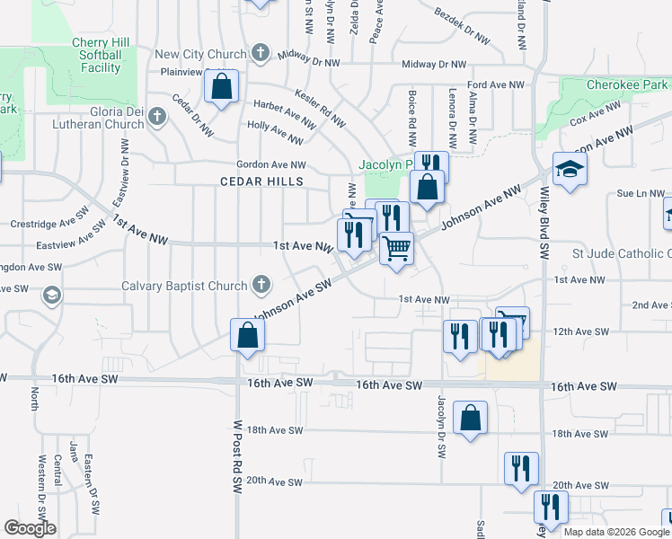 map of restaurants, bars, coffee shops, grocery stores, and more near 5001 1st Avenue Northwest in Cedar Rapids