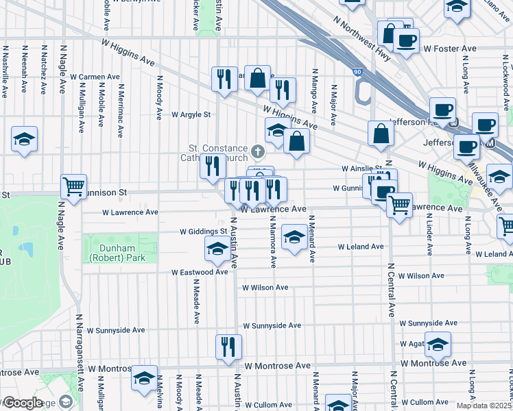 map of restaurants, bars, coffee shops, grocery stores, and more near 5869 West Gunnison Street in Chicago