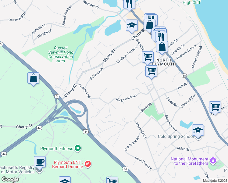 map of restaurants, bars, coffee shops, grocery stores, and more near 65 Nicks Rock Road in Plymouth
