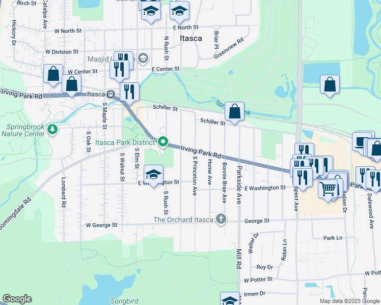 map of restaurants, bars, coffee shops, grocery stores, and more near 245 South Cherry Street in Itasca