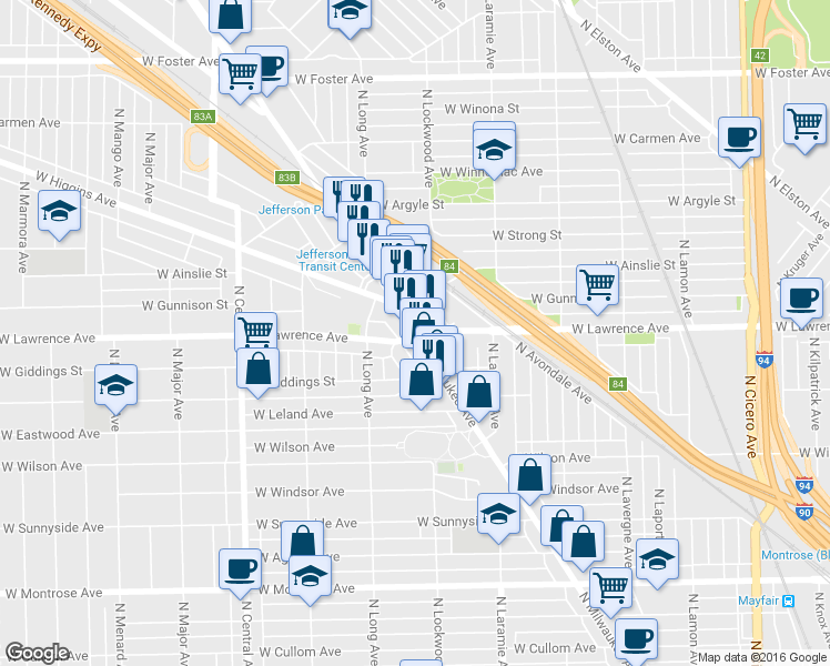 map of restaurants, bars, coffee shops, grocery stores, and more near 5299 W Lawrence Ave in Chicago