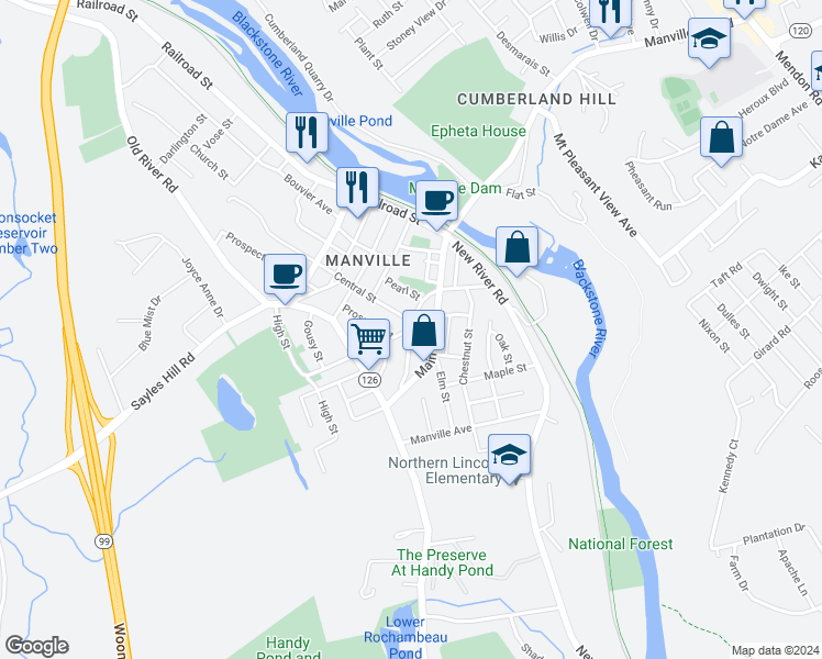 map of restaurants, bars, coffee shops, grocery stores, and more near 115 Old Main Street in Lincoln