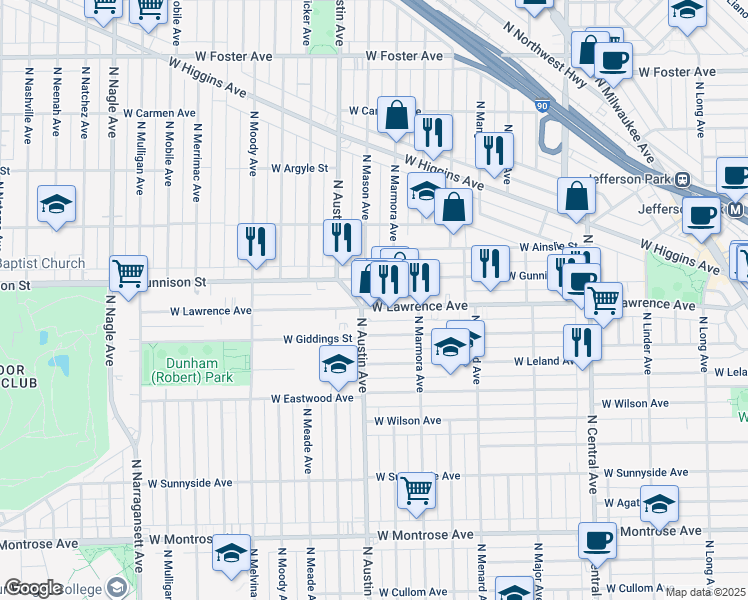 map of restaurants, bars, coffee shops, grocery stores, and more near 4825 North Mason Avenue in Chicago