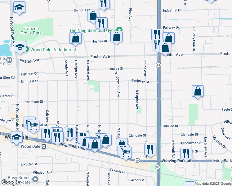 map of restaurants, bars, coffee shops, grocery stores, and more near 429 North Edgewood Avenue in Wood Dale