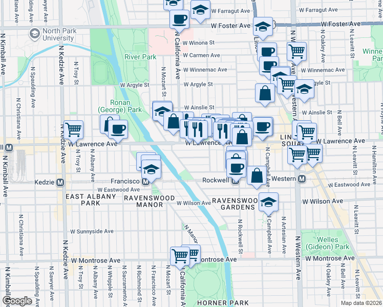 map of restaurants, bars, coffee shops, grocery stores, and more near 2731 West Lawrence Avenue in Chicago