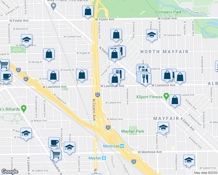map of restaurants, bars, coffee shops, grocery stores, and more near 4701 West Lawrence Avenue in Chicago