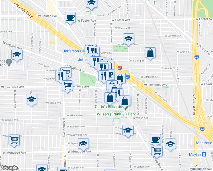 map of restaurants, bars, coffee shops, grocery stores, and more near 4800 North Milwaukee Avenue in Chicago