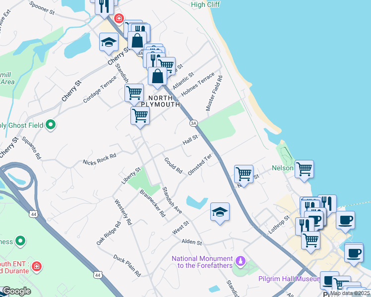map of restaurants, bars, coffee shops, grocery stores, and more near 12 Hall Street in Plymouth