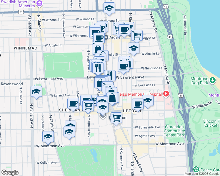 map of restaurants, bars, coffee shops, grocery stores, and more near 4730 North Winthrop Avenue in Chicago