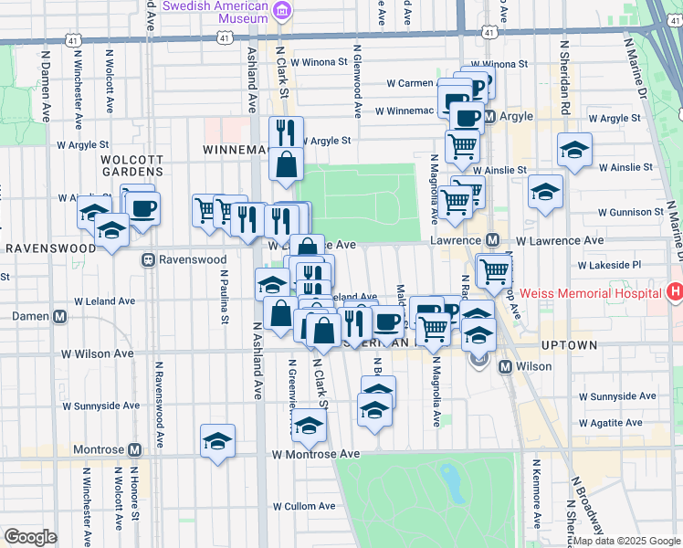 map of restaurants, bars, coffee shops, grocery stores, and more near 4746 North Dover Street in Chicago