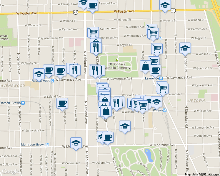 map of restaurants, bars, coffee shops, grocery stores, and more near 4746 North Dover Street in Chicago