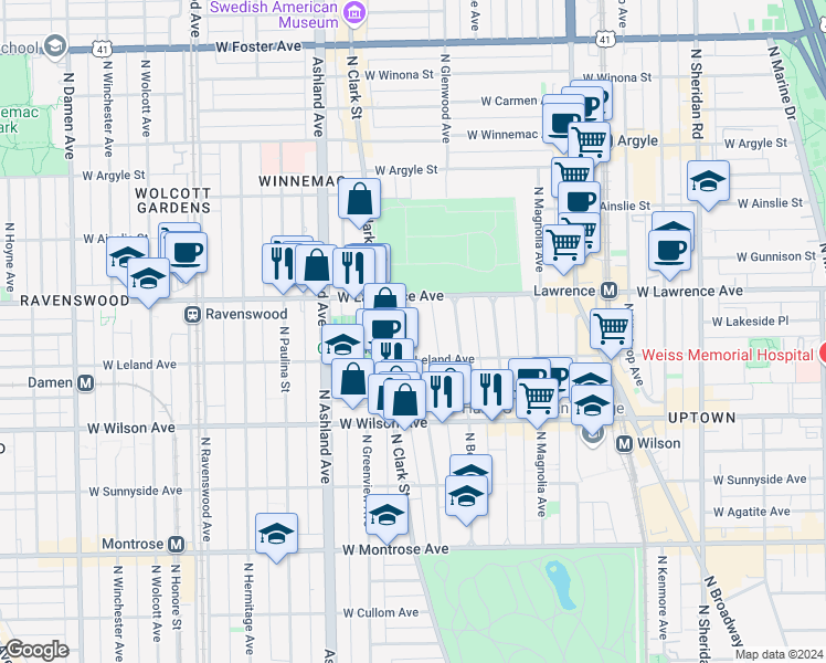 map of restaurants, bars, coffee shops, grocery stores, and more near 4746 North Dover Street in Chicago