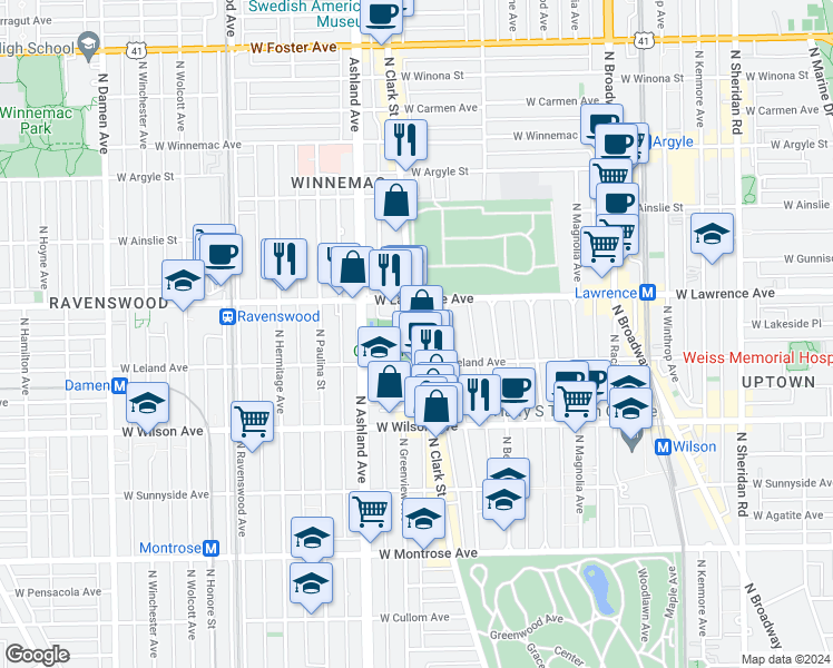map of restaurants, bars, coffee shops, grocery stores, and more near in Chicago
