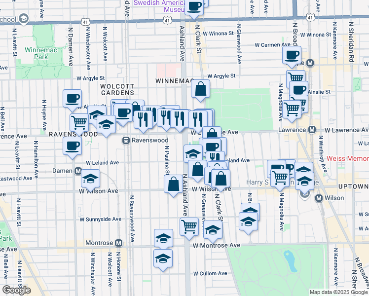 map of restaurants, bars, coffee shops, grocery stores, and more near 4757 North Ashland Avenue in Chicago