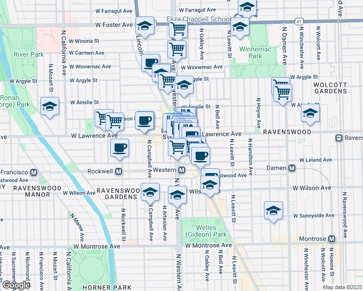 map of restaurants, bars, coffee shops, grocery stores, and more near 2401 West Lawrence Avenue in Chicago