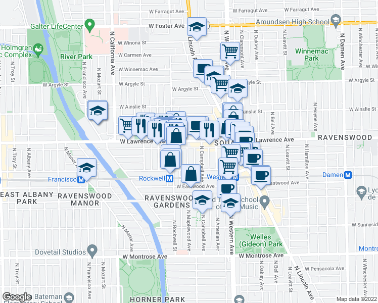 map of restaurants, bars, coffee shops, grocery stores, and more near 2541 West Lawrence Avenue in Chicago