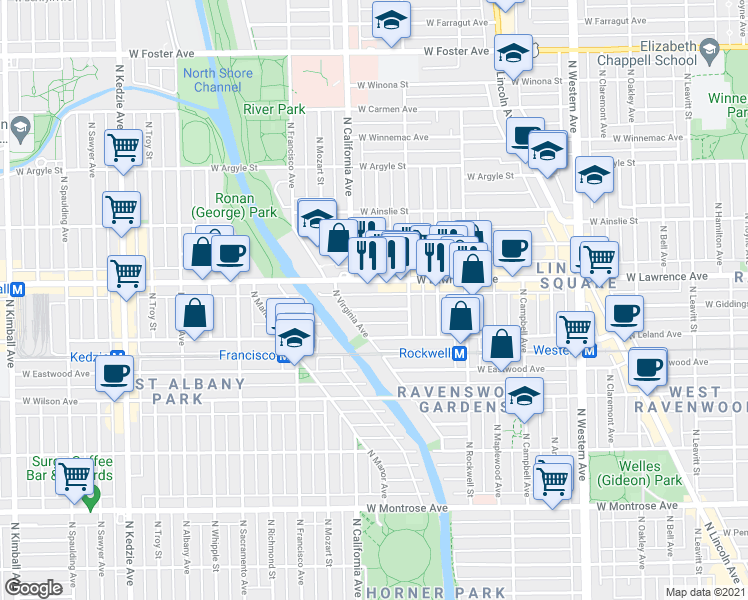 map of restaurants, bars, coffee shops, grocery stores, and more near 2731 West Lawrence Avenue in Chicago