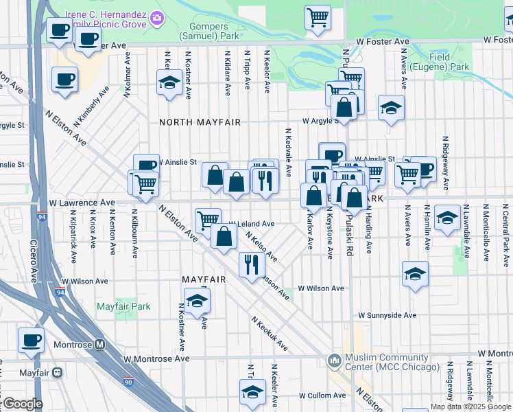 map of restaurants, bars, coffee shops, grocery stores, and more near 4212 West Lawrence Avenue in Chicago