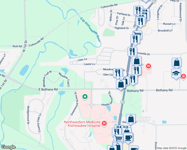 map of restaurants, bars, coffee shops, grocery stores, and more near 615 Meadow Creek Drive in DeKalb