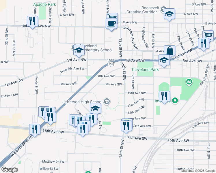map of restaurants, bars, coffee shops, grocery stores, and more near 1812-1814 9th Avenue Southwest in Cedar Rapids