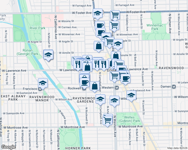 map of restaurants, bars, coffee shops, grocery stores, and more near 2541 West Lawrence Avenue in Chicago